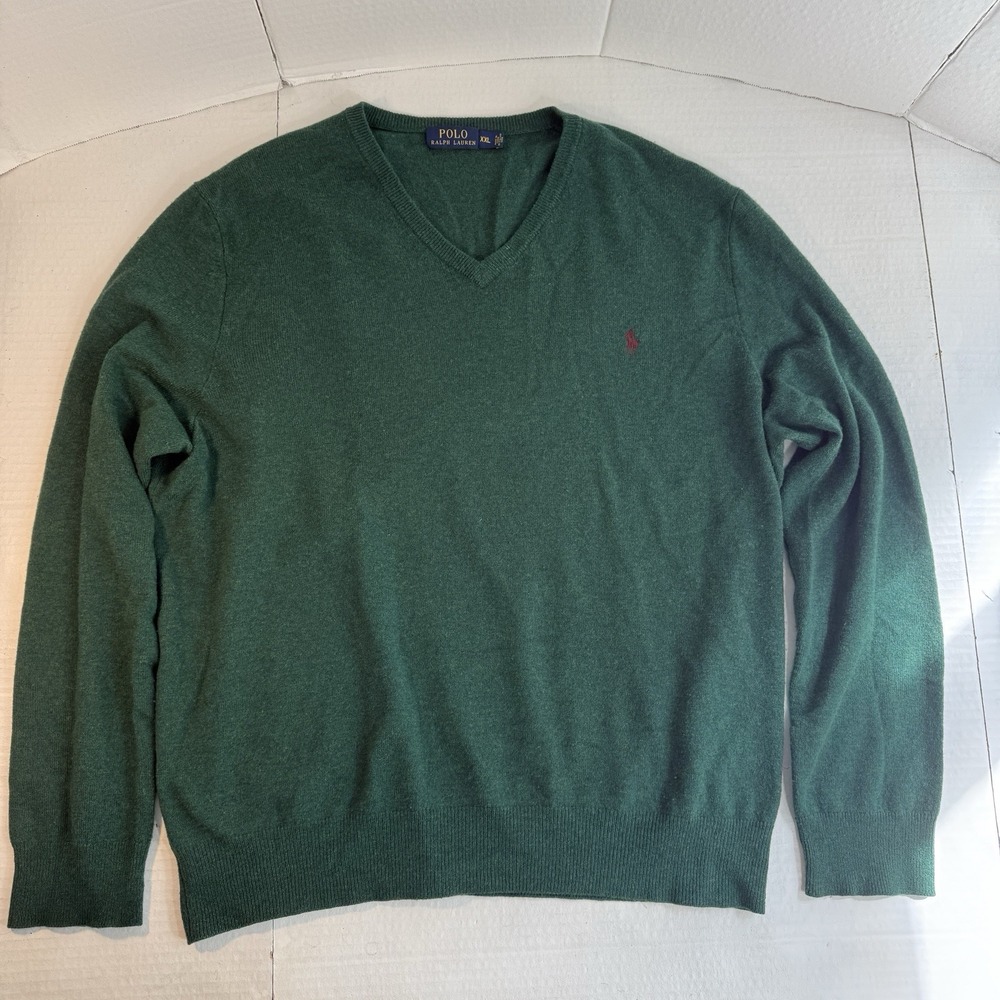 Ralph Lauren Men's 2XL Sweater Merino Wool Preppy Pony Green V-neck Jumper EUC